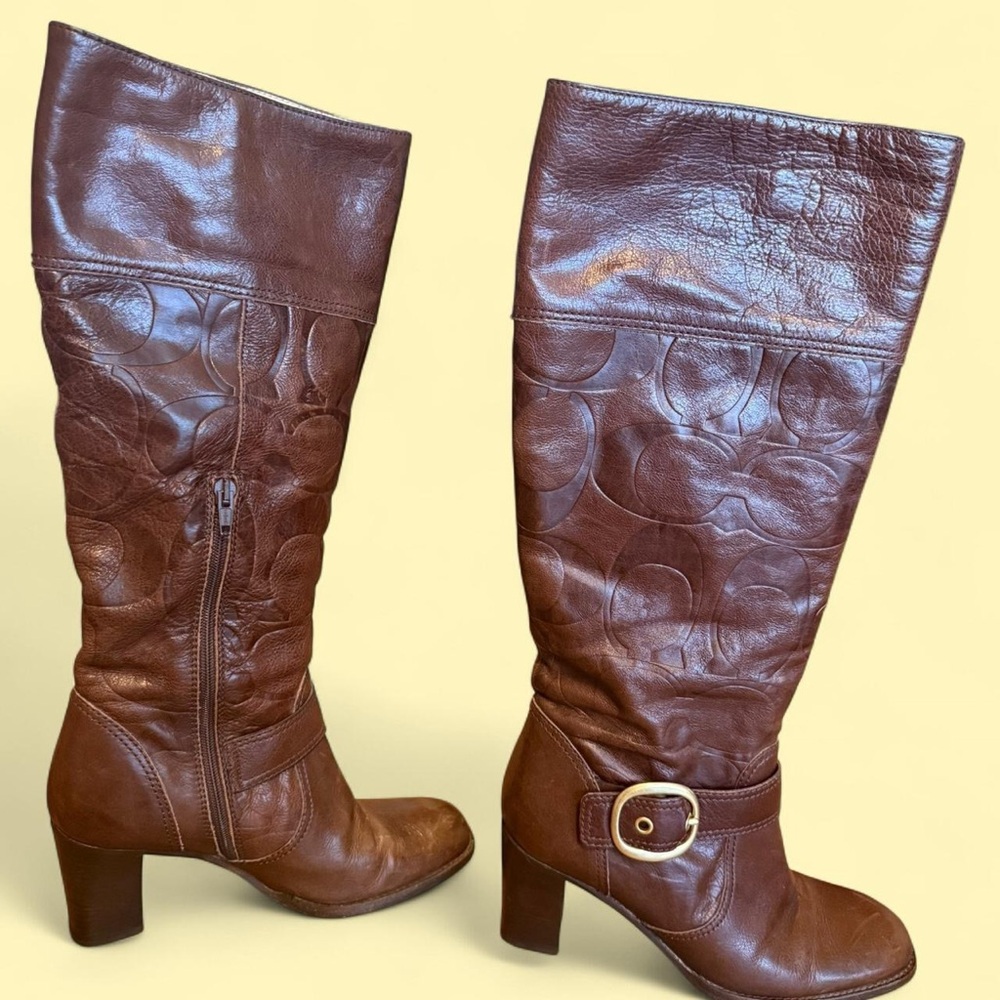 Coach Brown Leather Mid-Calf Logo-Embossed Heel Boots